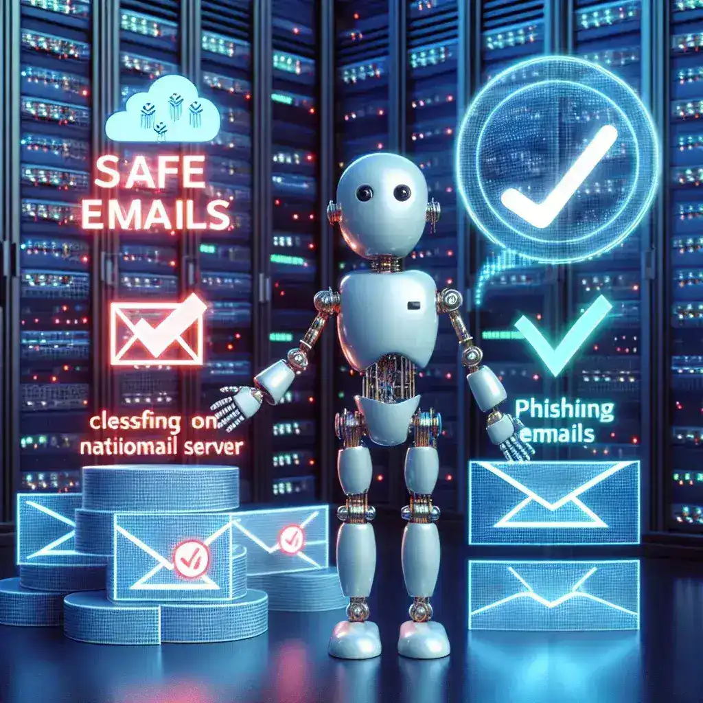 "Diagram ilustrasi yang menunjukkan proses klasifikasi email aman dan phishing menggunakan teknologi AI di server email nasional."