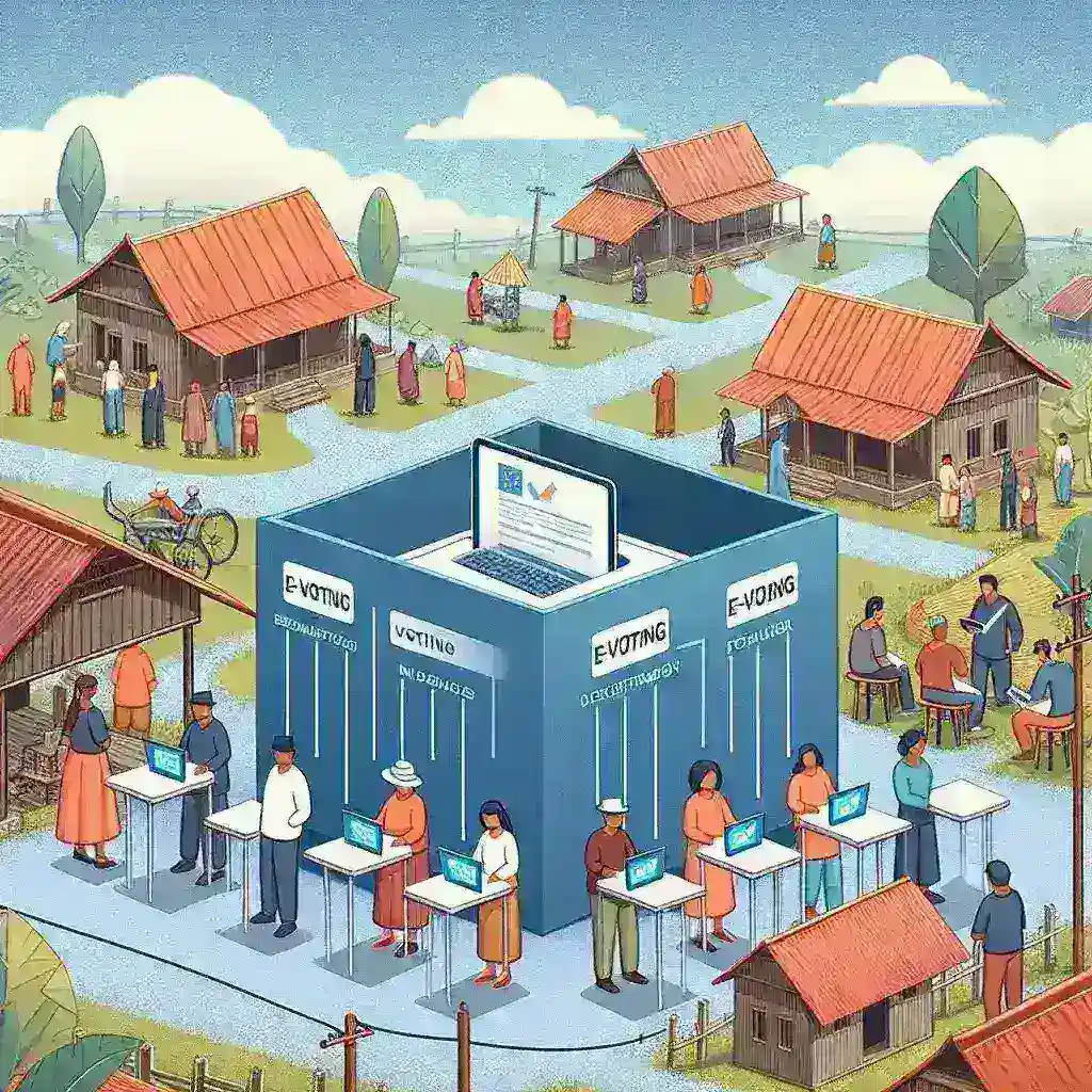 "Ilustrasi implementasi e-voting dalam pemilihan kepala desa dengan teknologi terdesentralisasi, menampilkan antarmuka pengguna e-voting dan proses pemungutan suara digital."